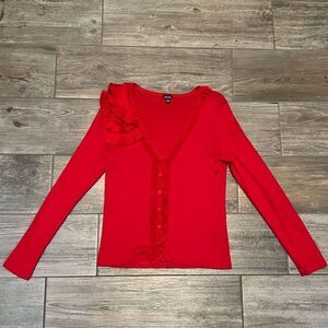 Vtg 90s Rafaella Red Pleated Ruffle Embellished Chiffon Shoulder Knit cardigan S